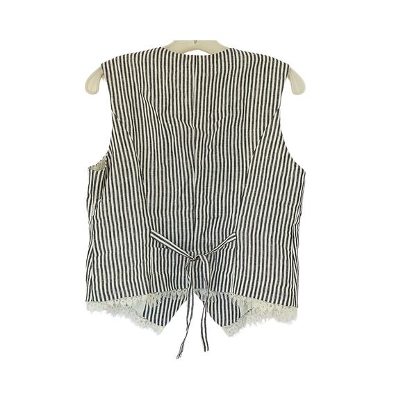 SIMPLE RETRO Sofia Round Neck Stripe Linen Vest - Black/White - M - Picture 2 of 3